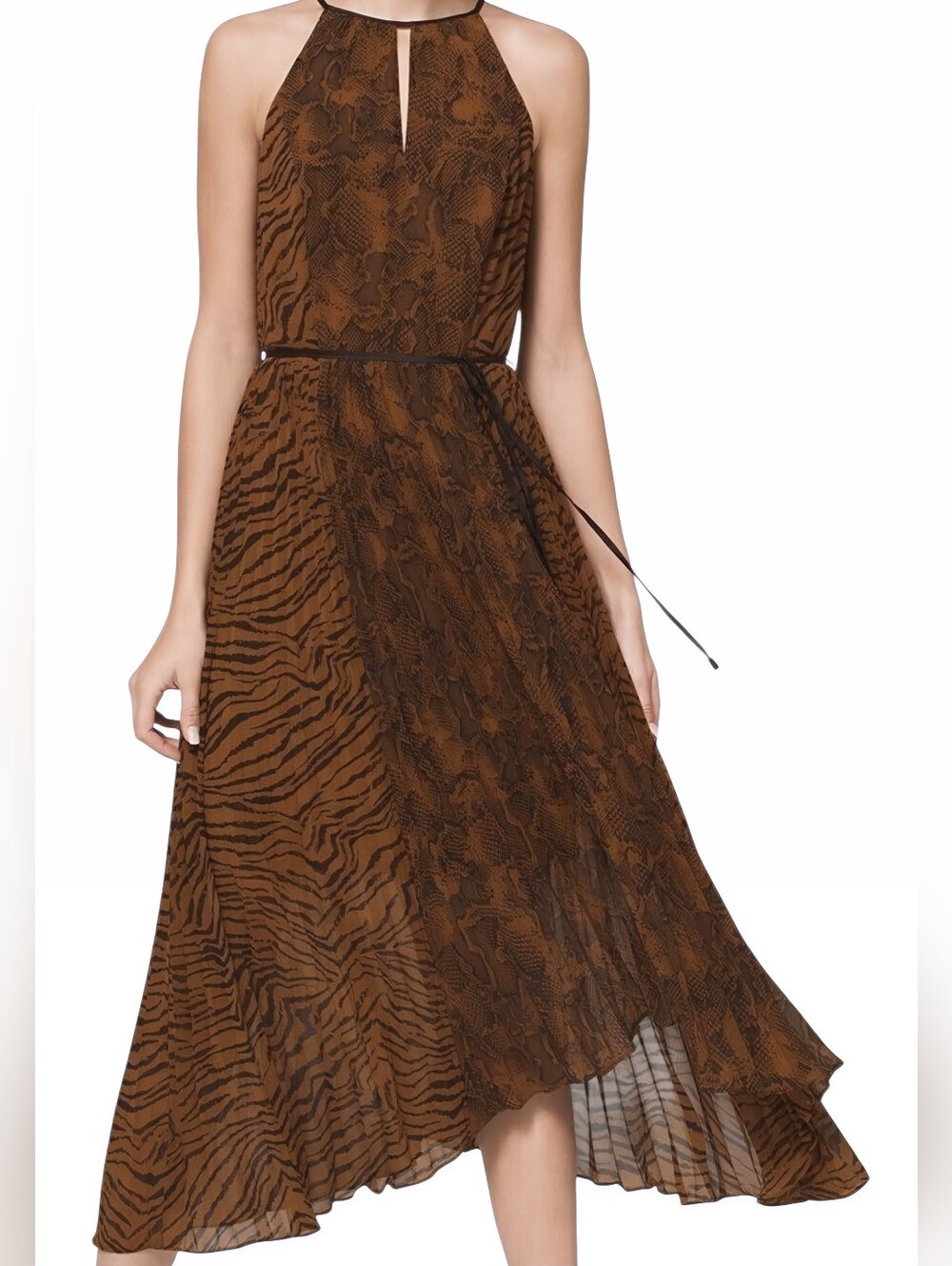 White House Black Market Brown Animal-Print High-Low Halter Dress, Size 4